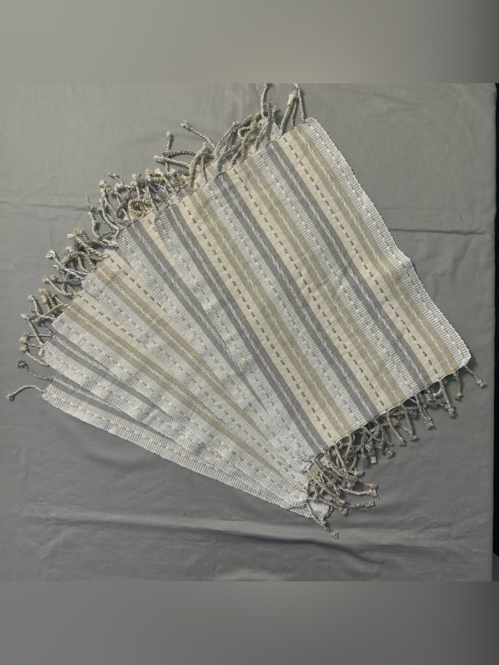 Pier 1 Imports Striped Woven Placemats Cotton Metallic Fringe Boho Cream Set 6